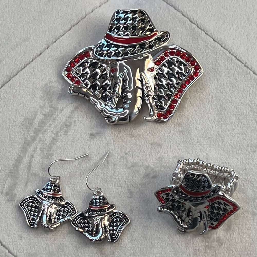 Houndstooth elephant necklace, earrings, ring set